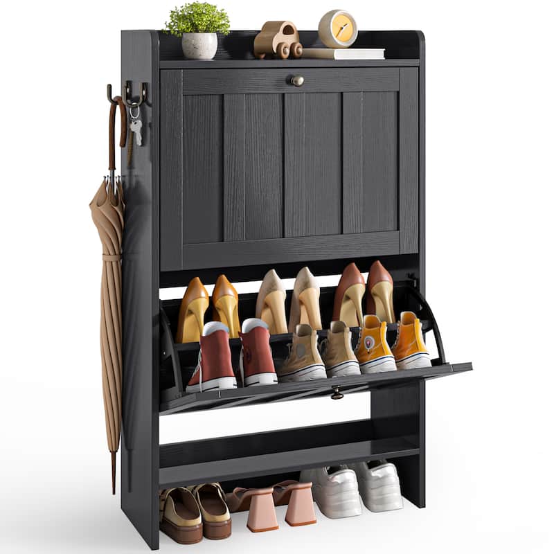 Shoe Cabinet with Flip Drawers, Slim Shoe Storage Cabinet for Entryway, Freestanding Narrow Rack with Open Storage