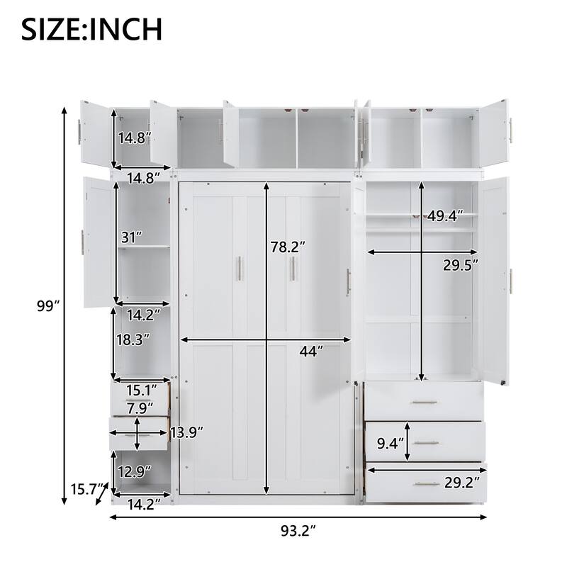 Space-Saving Twin Murphy Bed with Lockers and Wardrobes, White