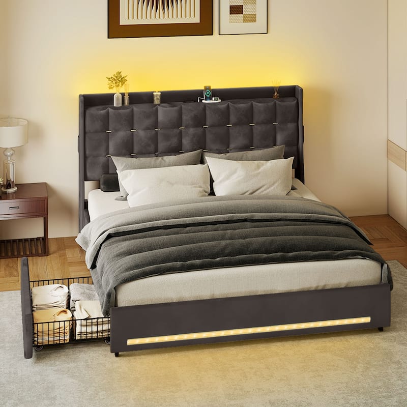 Moasis King Size Velvet Platform Bed with 4 Drawers RGB Lights and Charging Station No Box Spring Needed