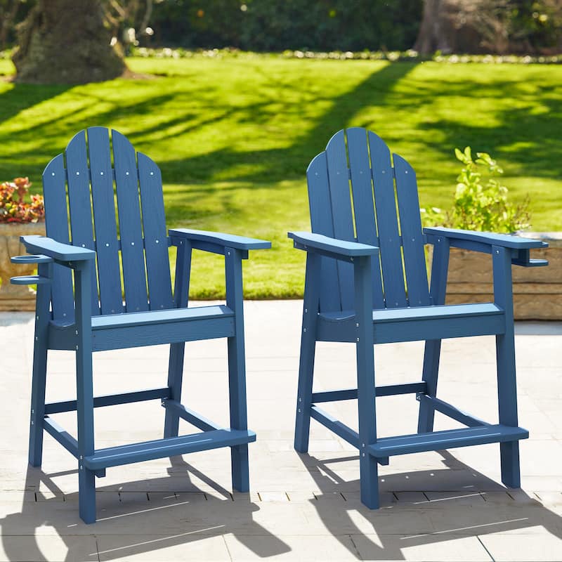 LUE BONA Outdoor Adirondack Chairs with Cup Holder Bar Height Adirondack Bar Stool with Arms for Patio, Garden, Deck (Set of 2) - Blue