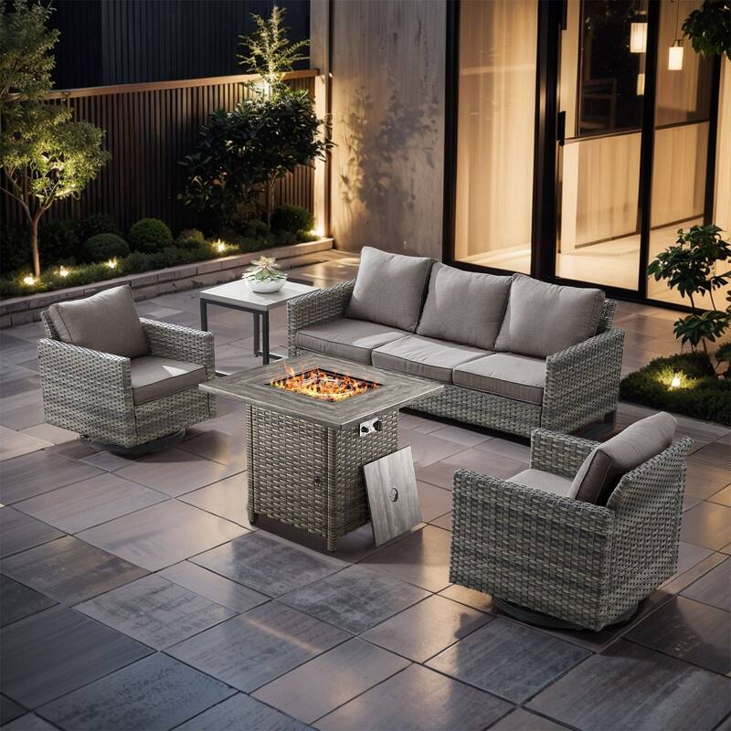 5 Pieces Fire Pit Table with Sofa Swivel Chair Set - Gray Wicker - Gray cushion