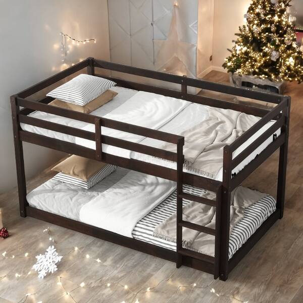 slide 2 of 18, Espresso Solid Rubber Wooden Twin over Twin Loft Bed with Ladder for Home Espresso