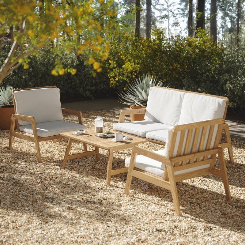 Outdoor Acacia Wood Seating Group, Coffee Table and Loveseat with Cushions