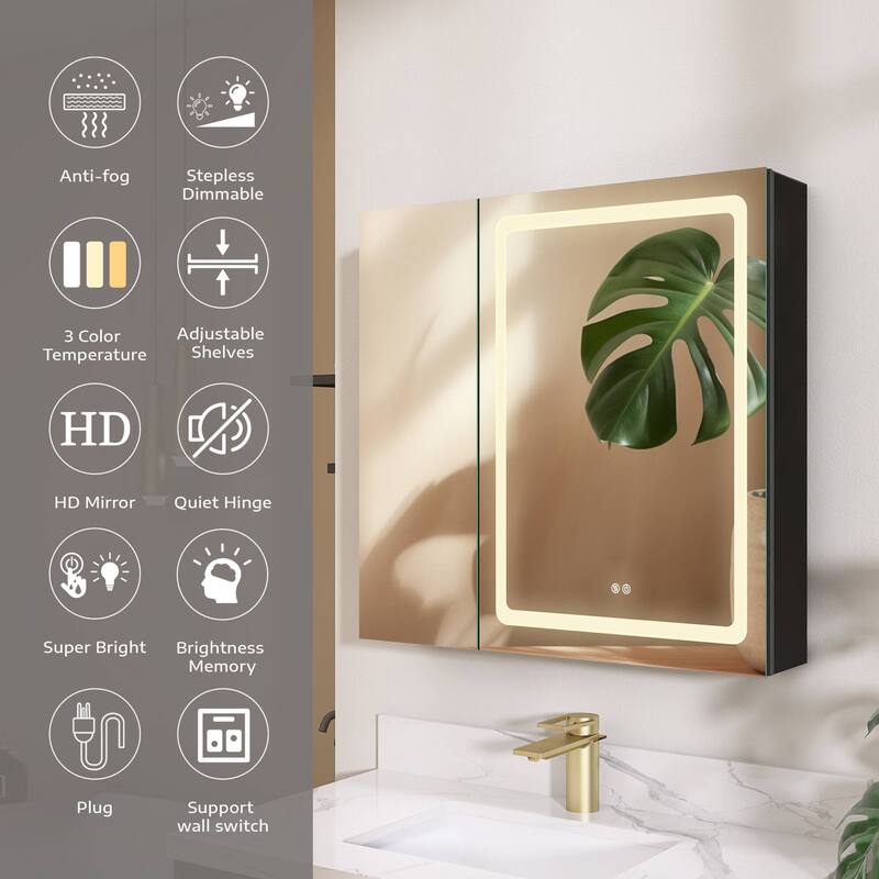 ZEAFIVE LED Black Bathroom Medicine Cabinet Surface Mount Defog Medicine Cabinet 3 Lights Dimmable