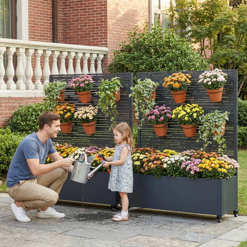 Metal Galvanized Planter Box with Trellis Privacy Screen Lockable Wheels Set of 2