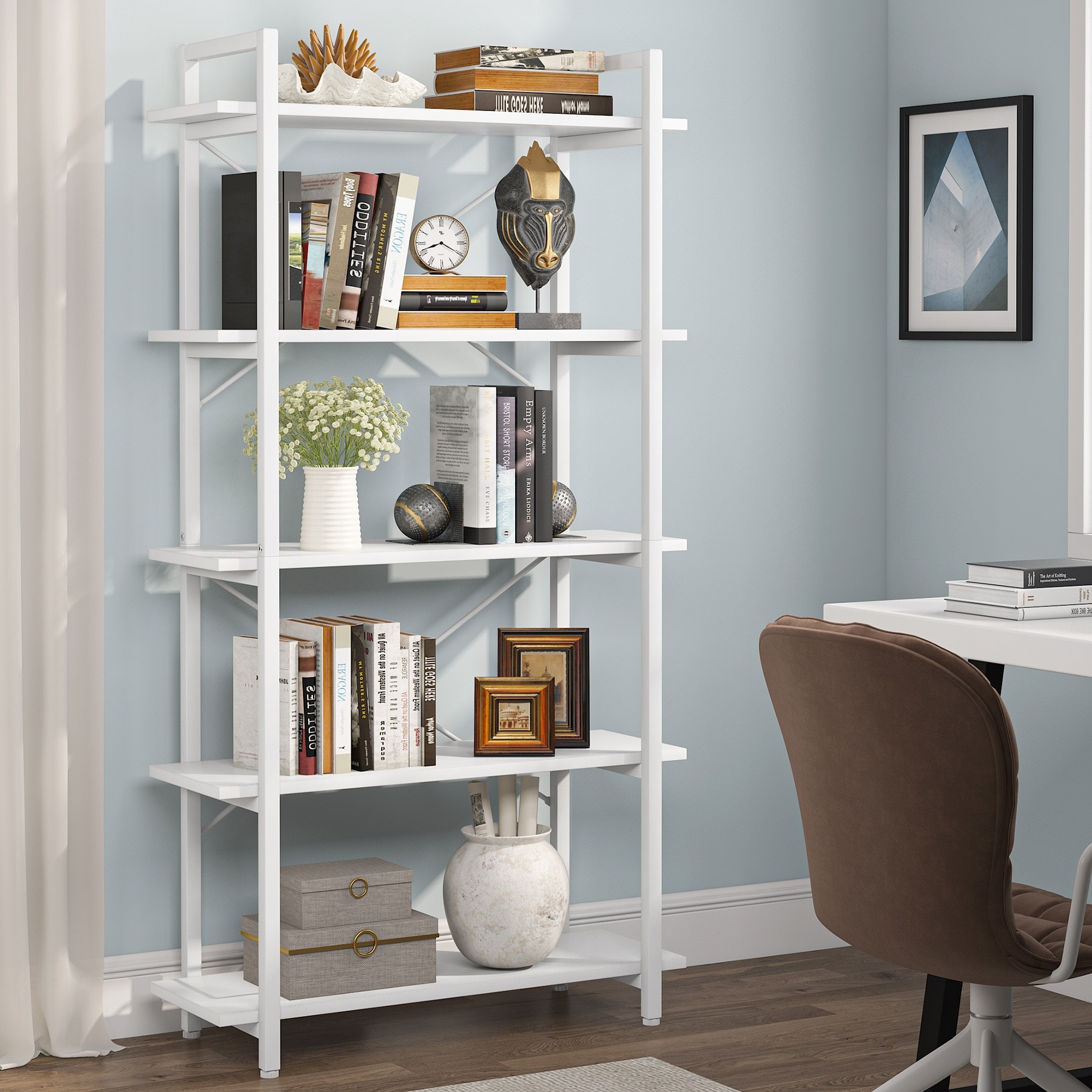 5 Tier Bookcase,White Bookshelf for Living Room, Study, Home Office,Balcony