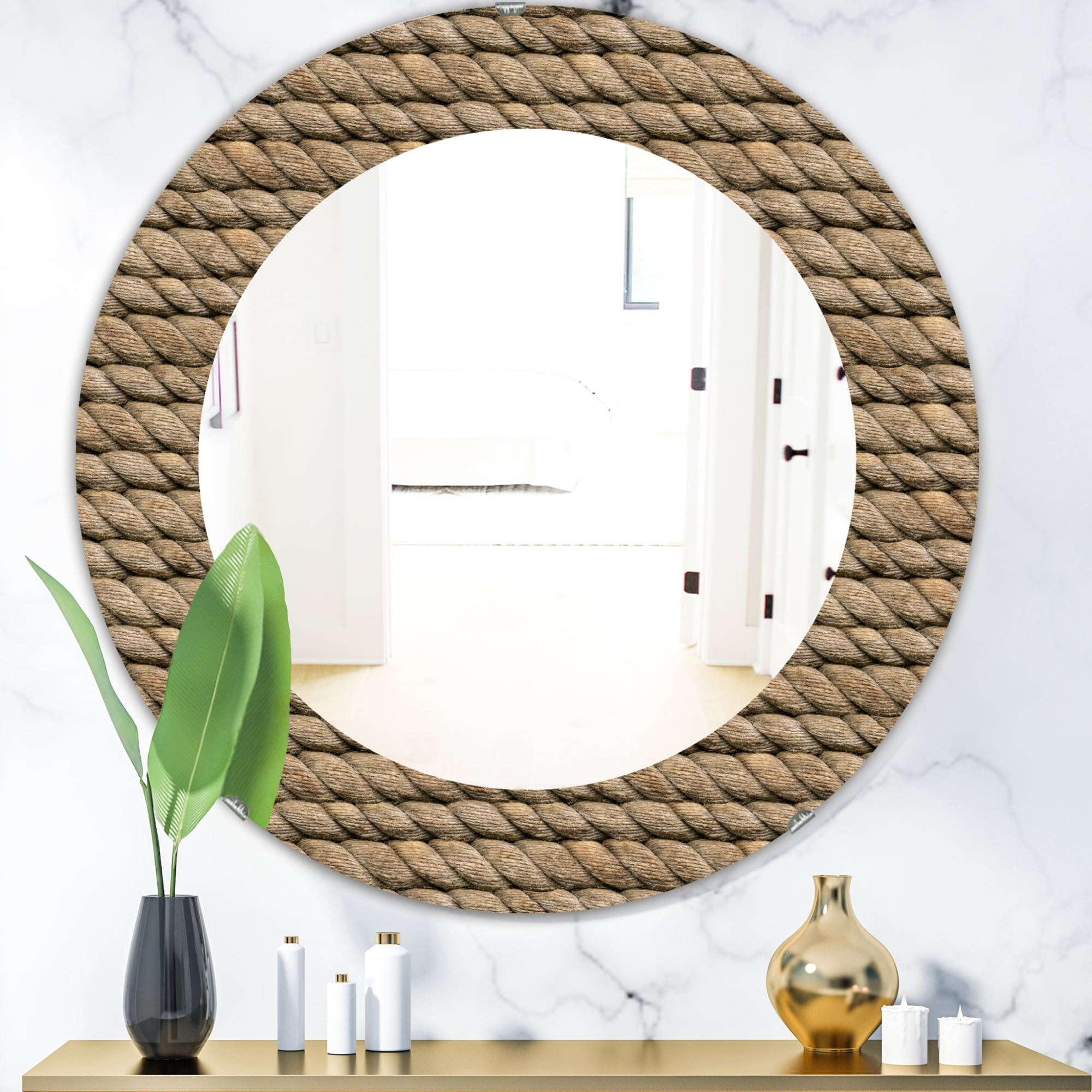 Designart Hemp Rope Farmhouse Mirror Frameless Oval Or Round Wall Mirror Brown On Sale Overstock 28022112