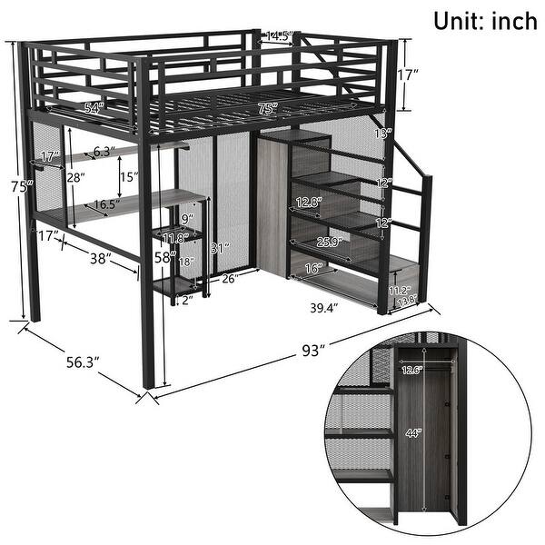 Contemporary Full Size Metal Loft Bed with Wardrobe, Desk, Storage Shelves, Space-saving Design & Safety Guaranteed, Black
