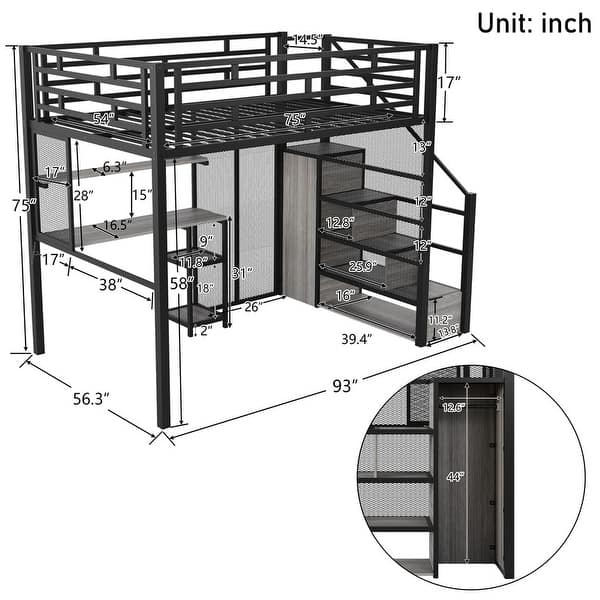 dimension image slide 0 of 3, Contemporary Full Size Metal Loft Bed with Wardrobe, Desk, Storage Shelves, Space-saving Design & Safety Guaranteed