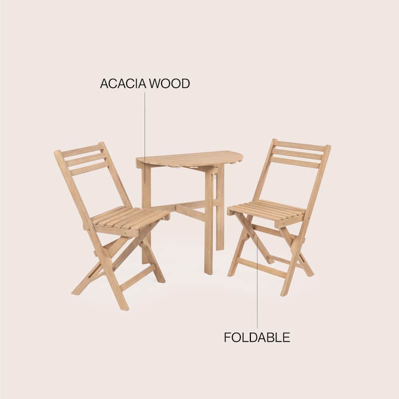 Nerja Classic French Country 3-Piece Acacia Wood Half-Round Outdoor Folding Bistro Set, Light Teak by JONATHAN Y