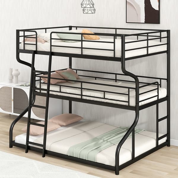 slide 2 of 7, Full XL over Twin XL over Queen Size Triple Bunk Bed with Long and Short Ladder,Black