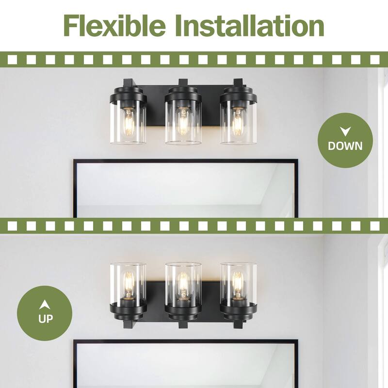 3 Light Bathroom Vanity Light, Matte Black Bathroom Light Fixtures with Clear Glass Shade, Vanity Light Fixtures Over Mirror
