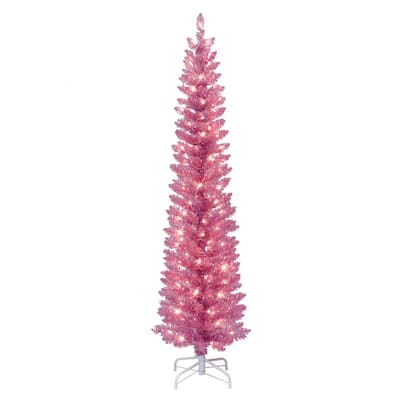 Puleo International 6 ft Pre-Lit Pink Tinsel Artificial Tree 250 Tips 100 Clear Lights