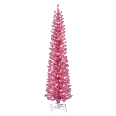Puleo International 7 ft Pre-Lit Pink Tinsel Artificial Tree 316 Tips 150 Clear Lights