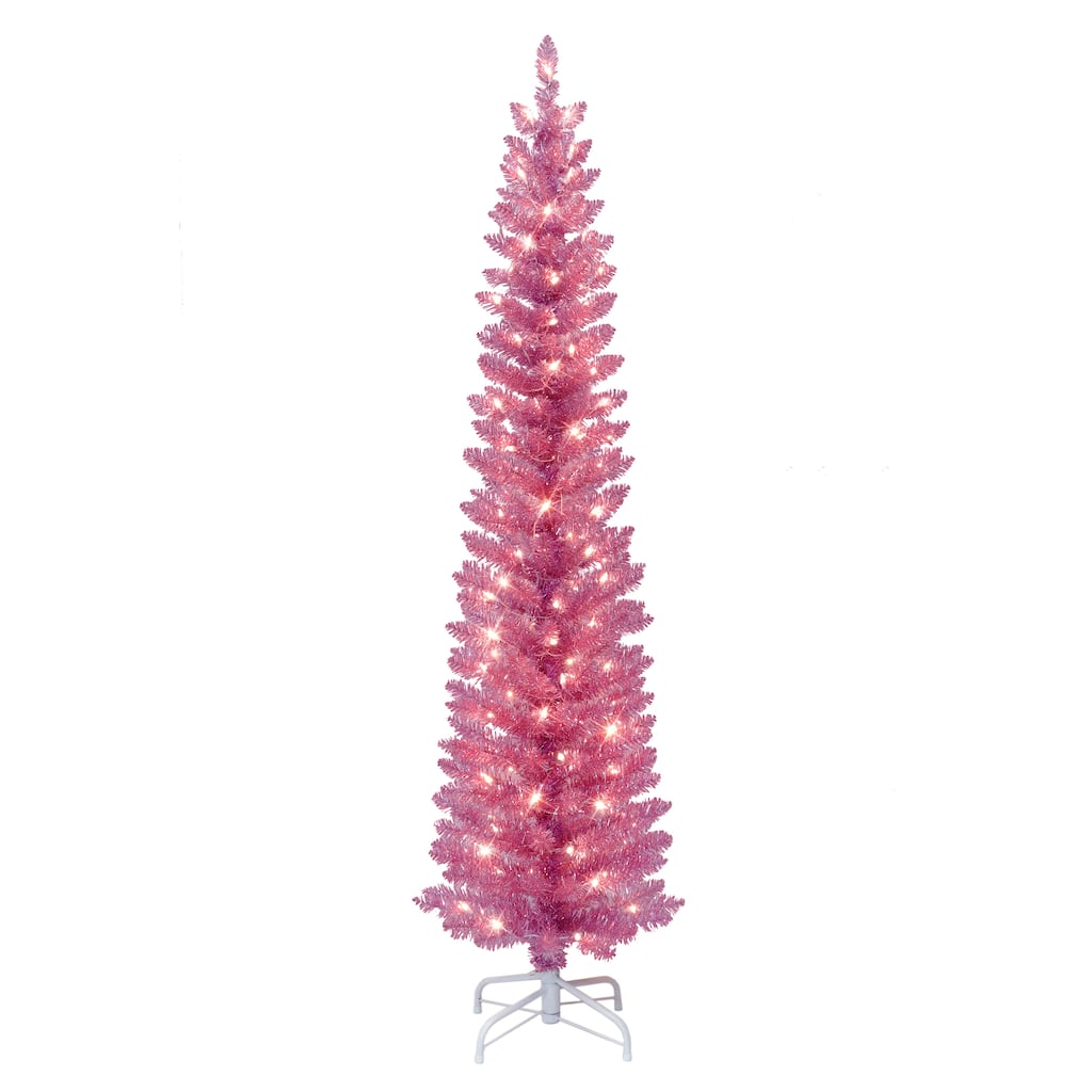 Puleo International 7 ft. Pre-Lit Pink Tinsel Artificial Tree