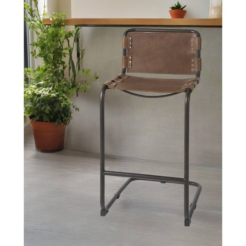 Modern Tall Black Bar Stool with Full Back and Footrest Iron Frame Stationary Seat for Living Room - Brown 35"