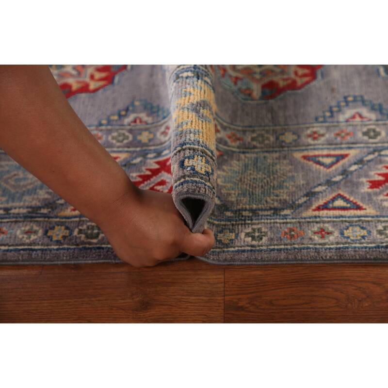 Geometric Gray Kazak Runner Rug Handmade Wool Carpet - 2'8" x 8'3"