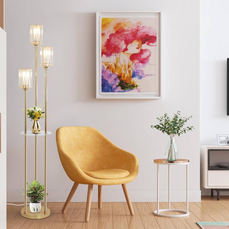 Gold Floor Lamps for Living Room, Modern Floor Lamp with Shelves, Crystal Standing Lamps with Table, Brass Tall Lamp