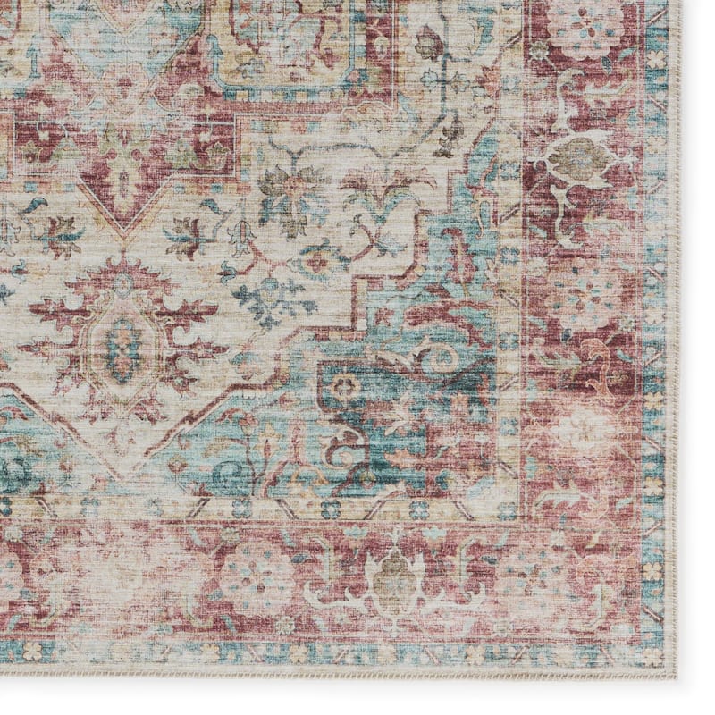 Vandran Machine Washable Medallion Dark Red/ Teal Area Rug