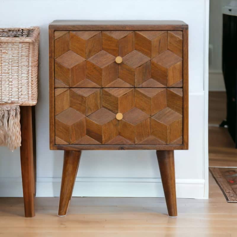 Artisan Furniture Solid Wood Chestnut Cube Carved Nightstand, Brown, 2 Drawers
