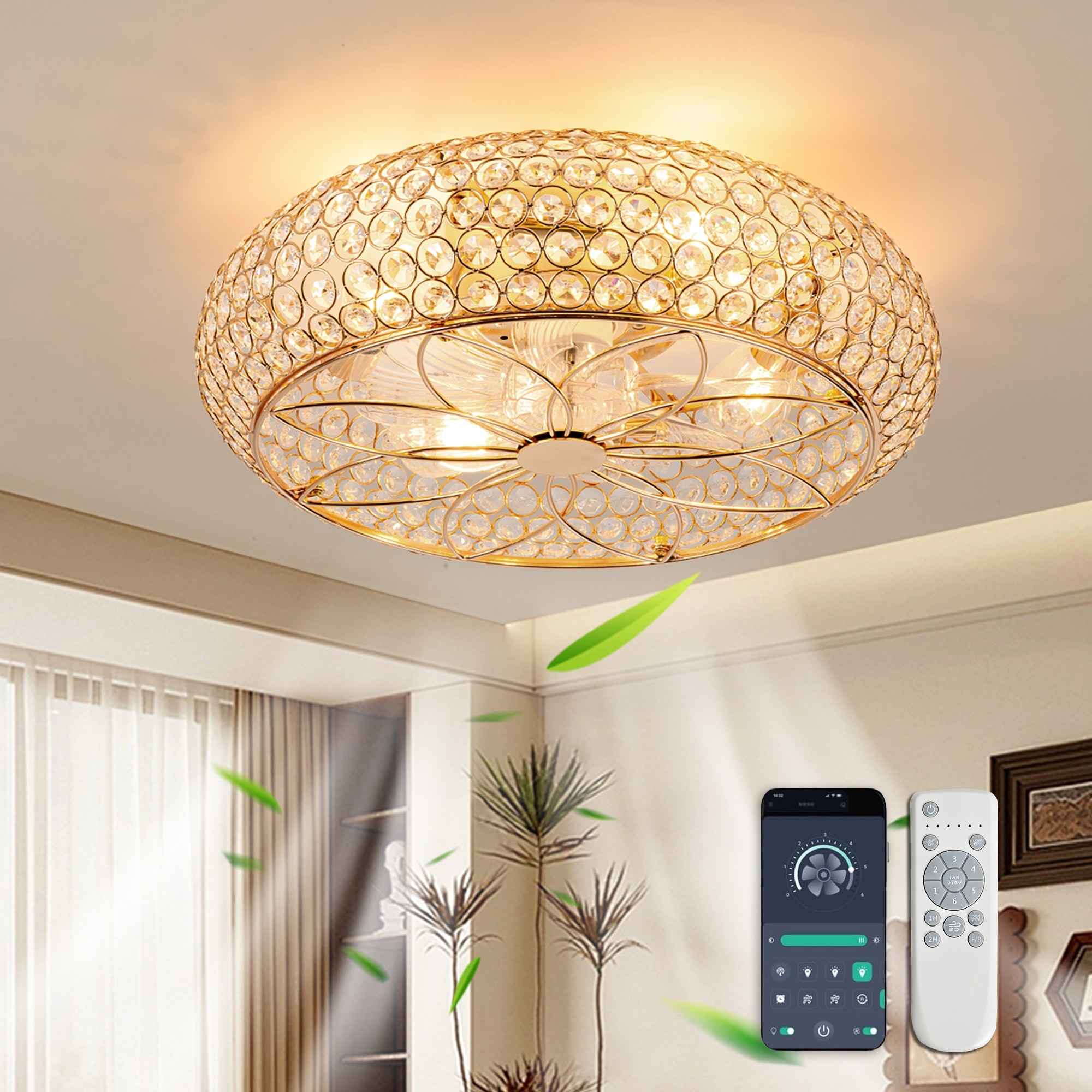 19.7" Modern Crystal Caged Ceiling Fan with Lights, Flush Mount Quiet DC Motor Smart Fandelier Ceiling Fan with APP Control