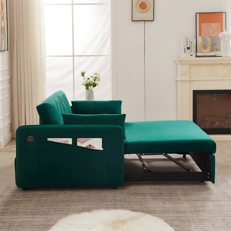 3-in-1 Soft Velvet Convertible Sleeper Sofa Bed w/ 2 Pillows, Usb Port