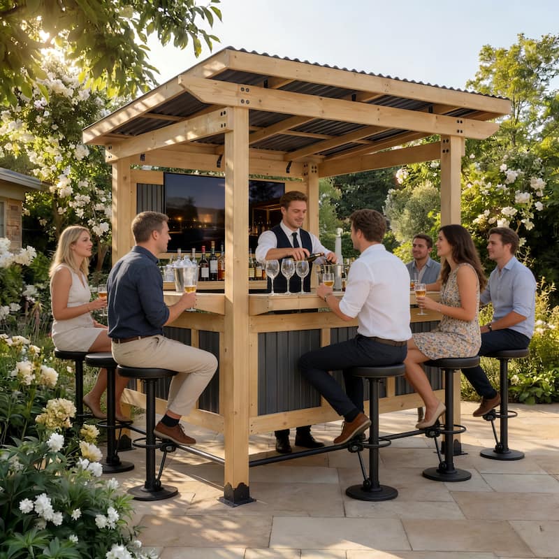 Cedar Wood Outdoor Bar Gazebo with PVC Roof, 85" x 76" Backyard Pavilion with TV Mount, Double Bar Counte