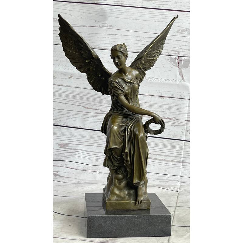 Signed Moreau Angel Sits On Celestial Throne Bronze Marble Sculpture Decor