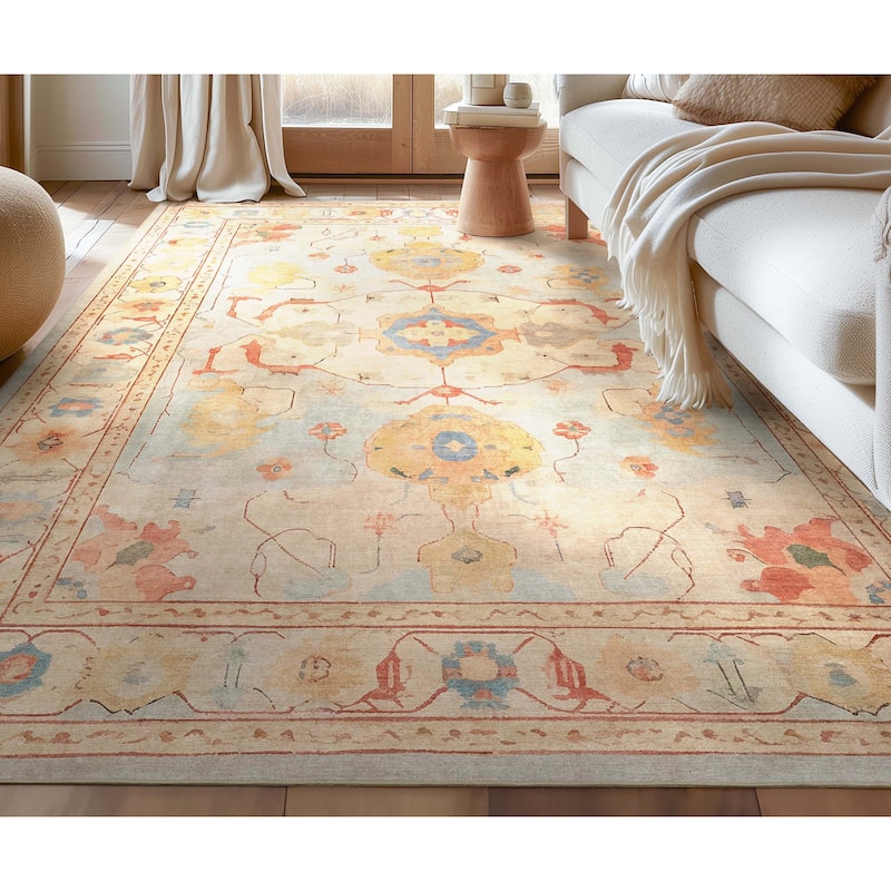 Well Woven Ushak Fethiye Vintage Medallion Pastel Flat-Weave Area Rug - 7'7" x 9'10" - Blue/Beige