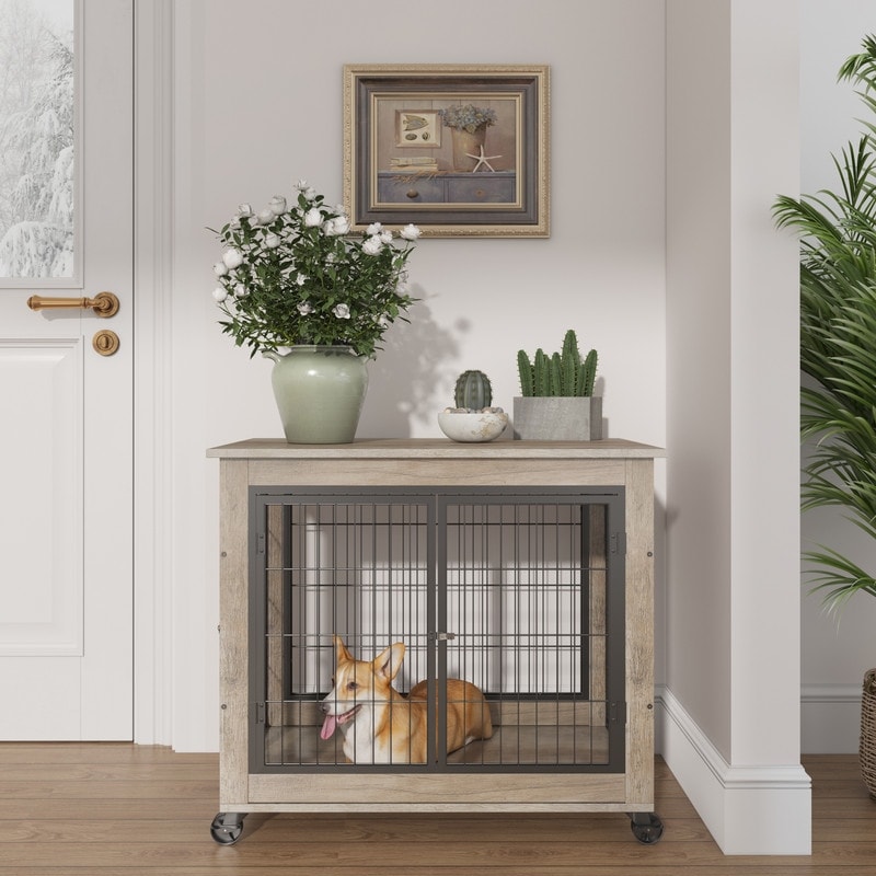 Furniture Dog Cage with Double Doors Moveable Dog House with Flip
