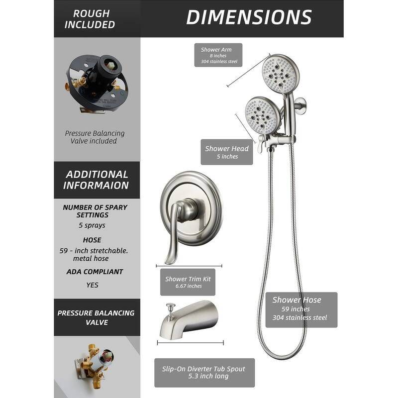 Complete Shower System with Tub Shower Faucet Set 5in Head Matte Black