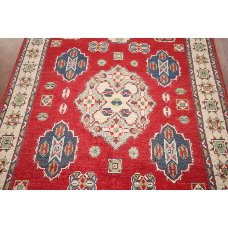 Geometric Red Kazak Accent Rug Hand-Knotted Bedroom Wool Carpet - 3'10" x 5'10"