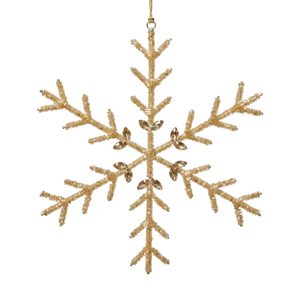 Golden Beaded Snowflake Christmas Hanging Ornaments, Set of 12, 10"