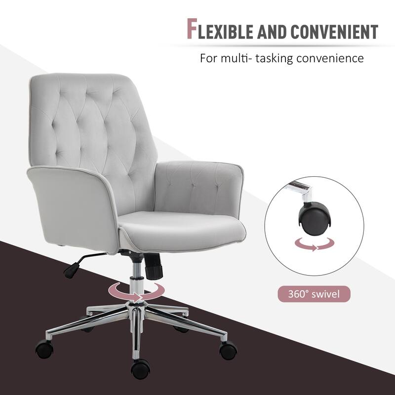 Vinsetto Modern Mid-Back Tufted Velvet Home Office Desk Chair with Arms, Swivel Adjustable Accent Chair with Soft Seat