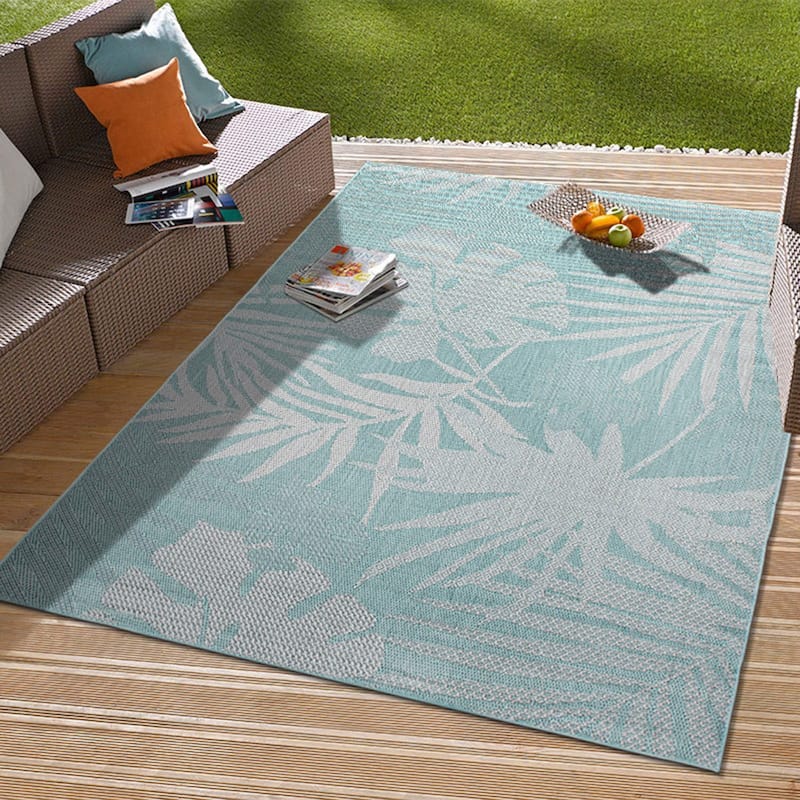 Contemporary Tropical Leaves Indoor/Outdoor Flatweave Waterproof Backyard Patio Area Rug