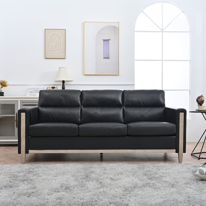 Modern Upholstered Sofa With Side Pocket Solid Wood Frame 3-Seater Sofa For Living Room Bedroom