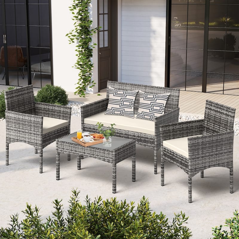 EROMMY 4-Piece Wicker Patio Furniture Set, Outdoor PE Rattan Sofa Set with Cushions & Table, Conversation Set for Backyard,Porch - Premium - Grey