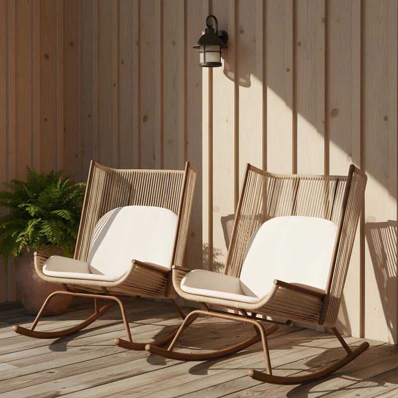 Christopher Knight Home - Modern Outdoor Metal Frame Woven High Arc Backrest Rocking Chair and Solid Acacia Wood Side Table Set