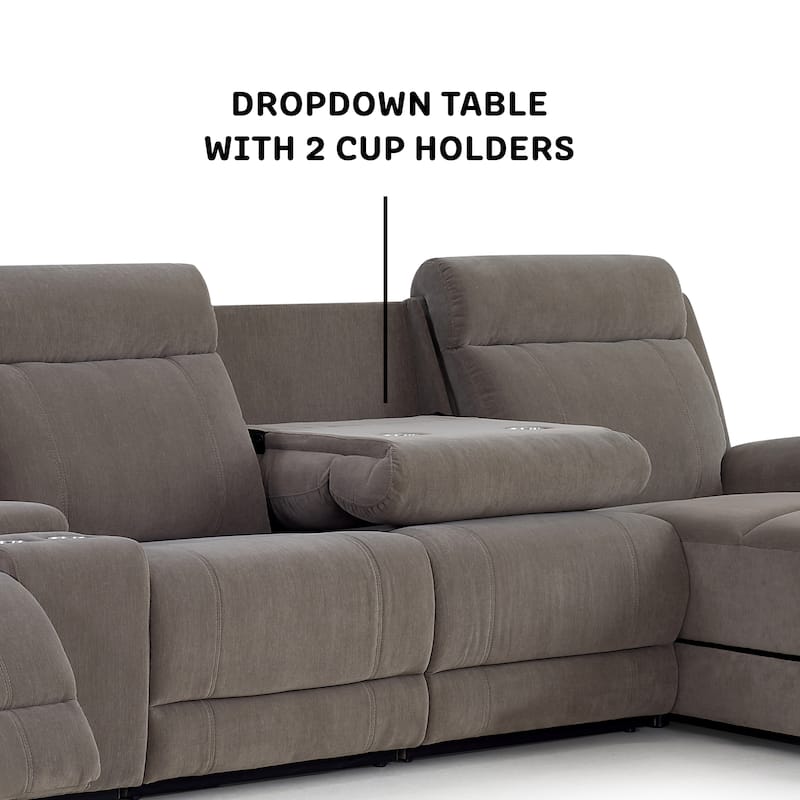 4 Person Grey Power Reclining Chaise Sectional with Storage Console