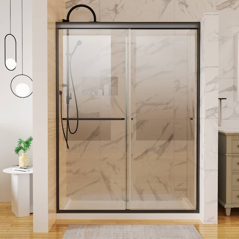 54'' x 72'' Glass Semi-Frameless Double Sliding Shower Tub Door in Matte Black/Brushed Nickel