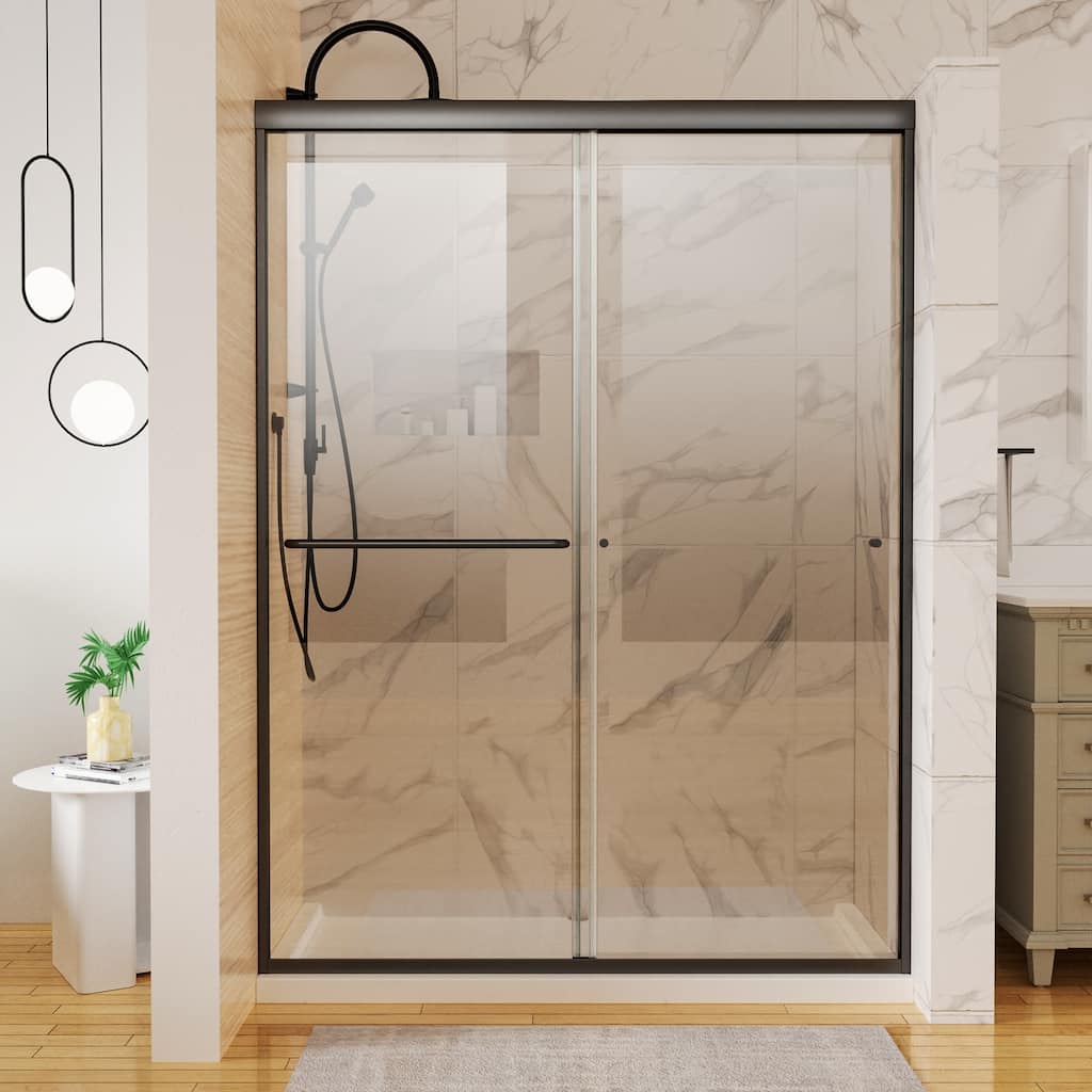 54'' x 72'' Glass Semi-Frameless Double Sliding Shower Tub Door in Matte Black/Brushed Nickel