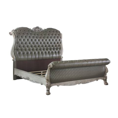 Sleigh Rolled Design Leatherette Queen Size Bed with Claw Legs, Gray