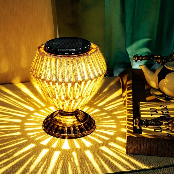 Solar Panel Rattan Woven Lights Dimmable Nightstand Desk Lamp