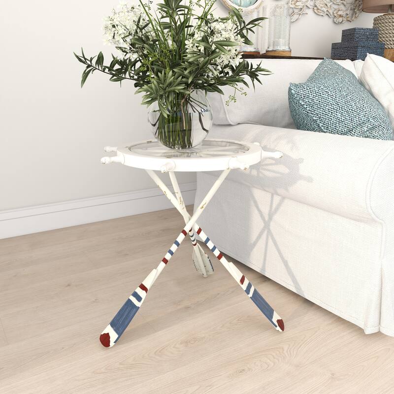 White Metal Ship Wheel Top Accent Table with Oar Shaped Legs