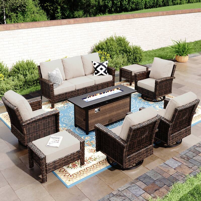 MAISON ARTS Patio Wicker Sofa Conversation Set with 50,000 BTU Fire Pit Table , Oversize Seat with 5.5'' Thick Padded Cushion - 9-Seats - Beige