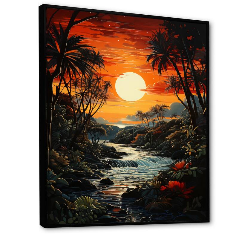 Designart "Palm Trees Tropical Pointillism VI" Palms & Palm Trees Framed Canvas Art Print