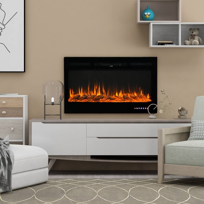 Recessed Wall-mounted Electric Fireplace with Remote Control, 16 Flame Colors and Timer