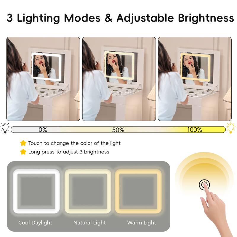Roomfitters Vanity Desk with Mirror & Lights, Flip-Top Makeup Table with 7 Drawers, 9 Compartments, 3 Shelves, White