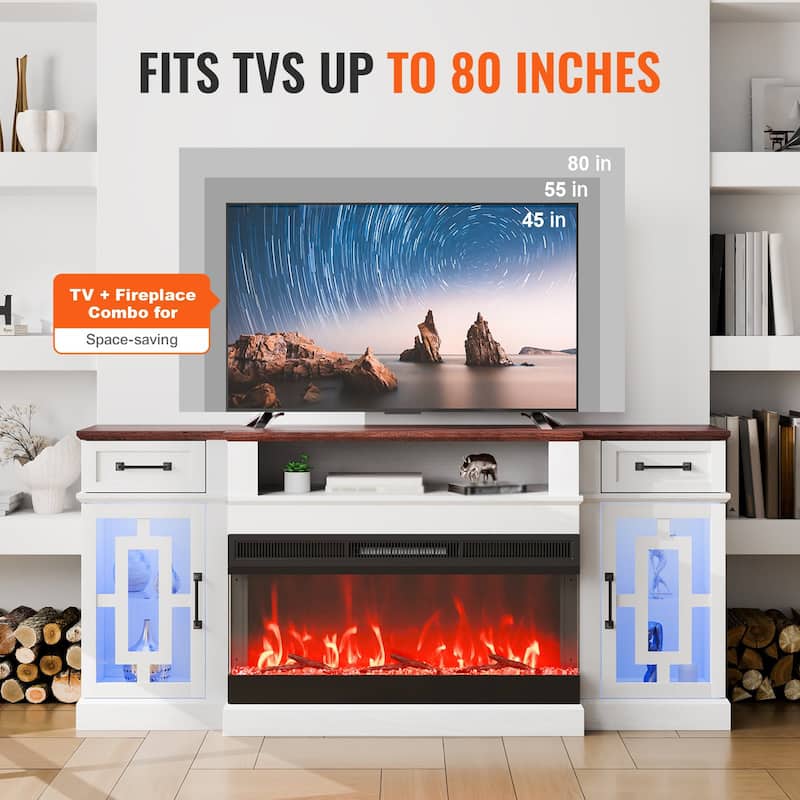 80 Inch Fireplace TV Stand with LED Lights Remote Control and Timer - 70 x 15.51 x 32.60 in