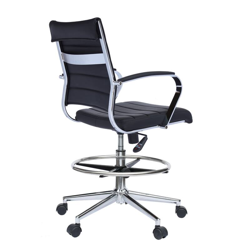 Swivel PU Leather Office Drafting Chair For Standing Table Mid-Back Ribbed Executive Ergonomic With Arms Wheels Task Computer